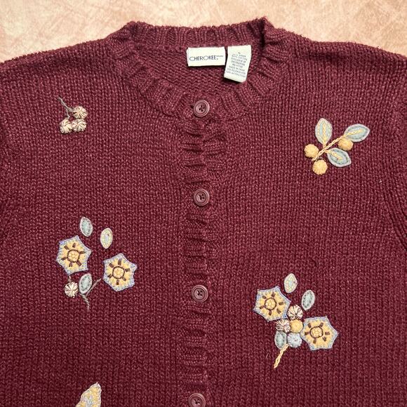 Vintage 90s Floral Embroidered Sweater Cardigan Knit Cabincore Earthy Autumn - Picture 3 of 8
